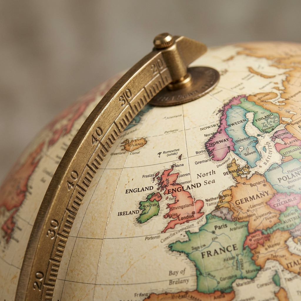A macro-close-up photo of the brass-plated meridian and North Pole attachment of the Replogle Franklin Globe. The image focuses sharply on the numbered latitude markings on the metal arc, the small brass pin, and a segment of the vintage-style map texture. Premium lighting highlights the metal grain. A shallow depth of field blurs the surroundings.