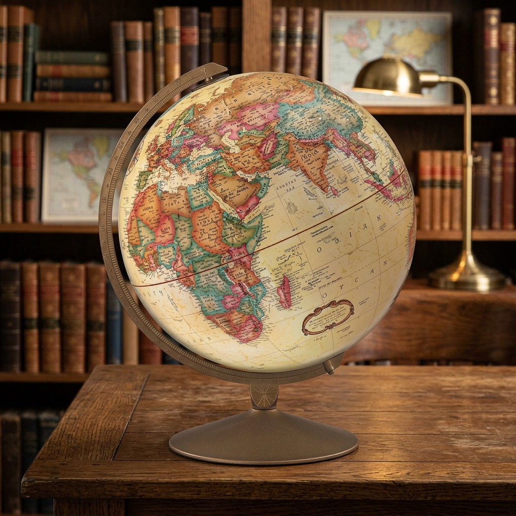 A lifestyle image featuring the Replogle Globes Franklin desk globe on a dark wood library table, with a bookshelf and natural light in the background.