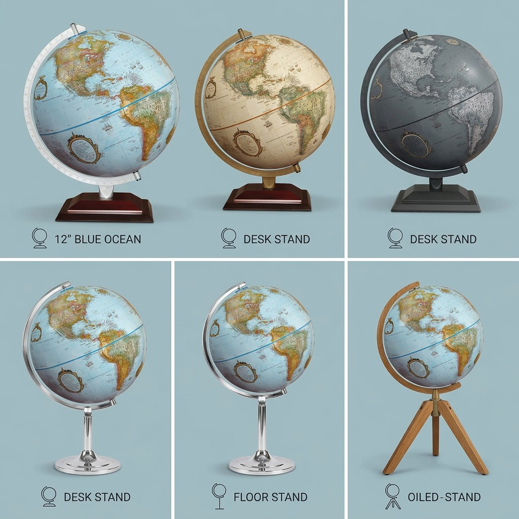 A visual matrix image displaying various views of the Replogle world globe and its configurations.