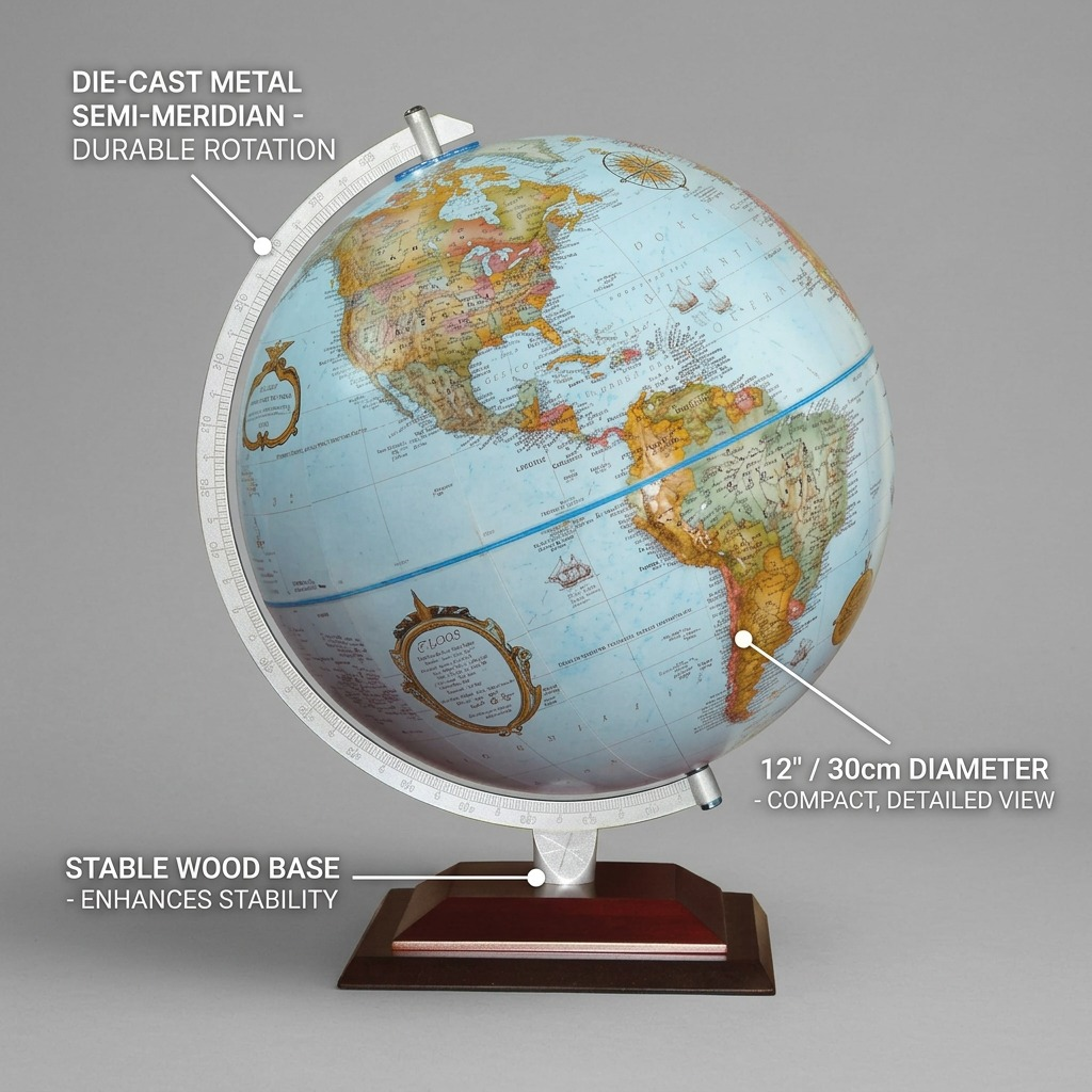Replogle Globes desk globe feature callout graphic detailing the 12" diameter blue ocean globe, stable wood base, and die-cast metal semi-meridian rotation with short benefit-driven labels. For Canadian shipping.