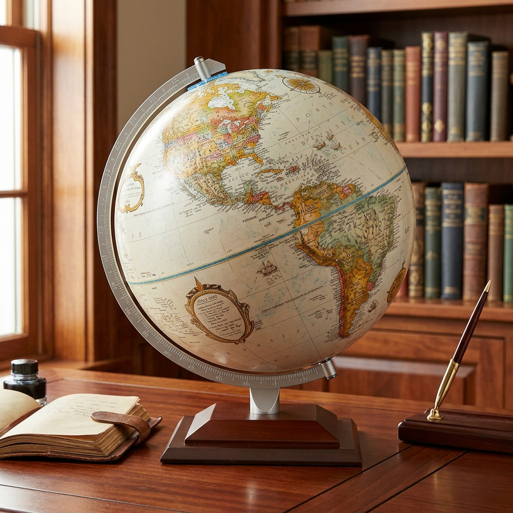 A lifestyle photograph of the Replogle desk globe on a dark wood desk with classic, warm ambient light, next to a matching pen holder and leather journal.
