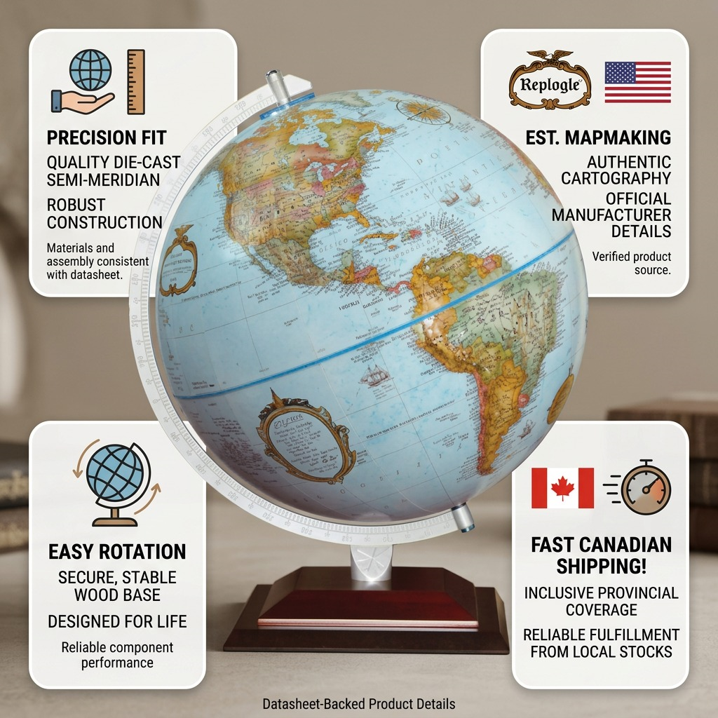 Infographic matrix for Replogle 30637 blue ocean desk globe, detailing key product features, build quality, and Canadian shipping.