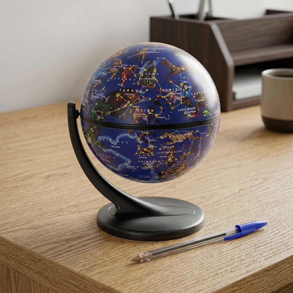 A desk scene comparing the scale of an illustrated celestial globe on its black stand with a standard ballpoint pen resting on a wood grain desk surface.