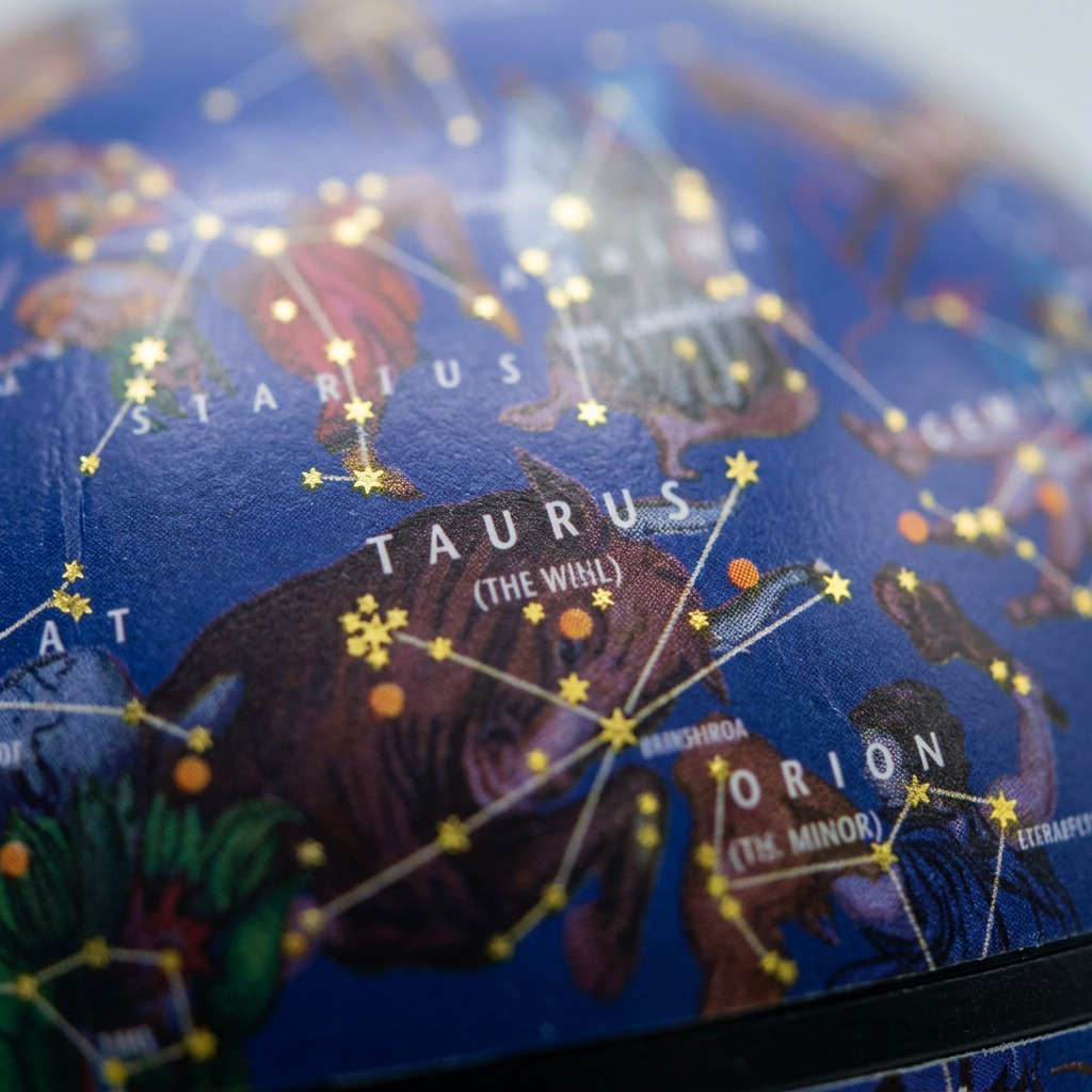 A macro photograph showing the high-quality print detail of the Taurus constellation on the Celestial Wonderglobe.