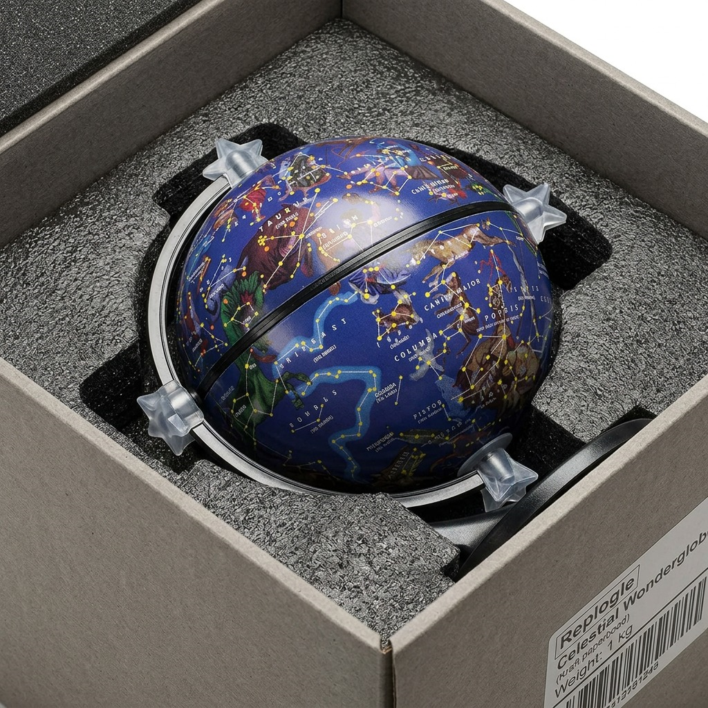 A premium unboxing of the Replogle Celestial Wonderglobe, resting in custom-fit padding within a sturdy box.