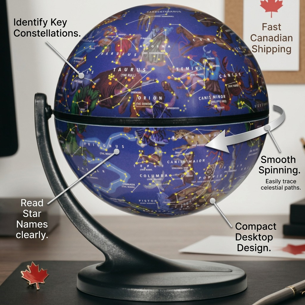 Replogle Celestial Wonderglobe feature infographic with callouts for constellations, clarity, spinner, and compact size.
