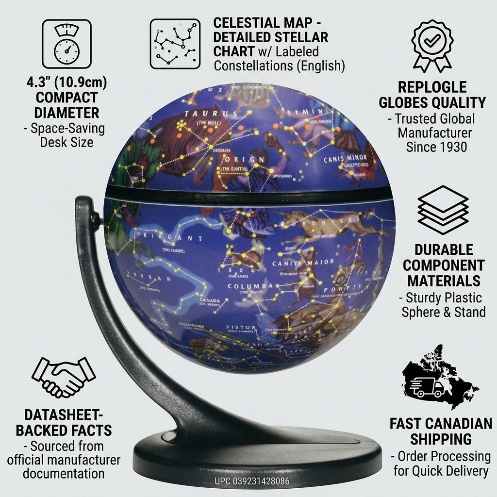 Infographic with factual cues about Replogle's celestial globe quality, materials, and fast Canadian shipping.