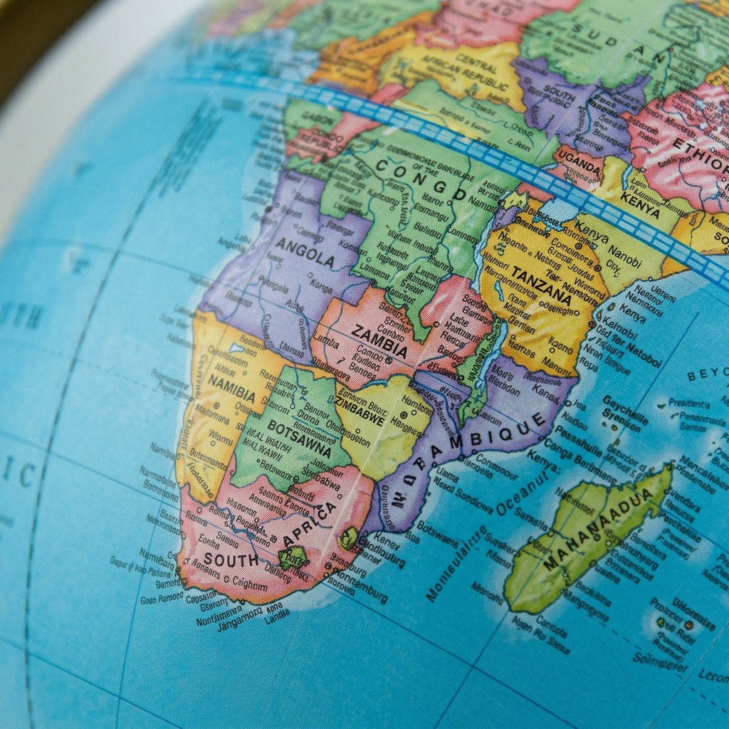 Macro close-up of a blue ocean desk globe surface, showing intricate political map print and compass rose.