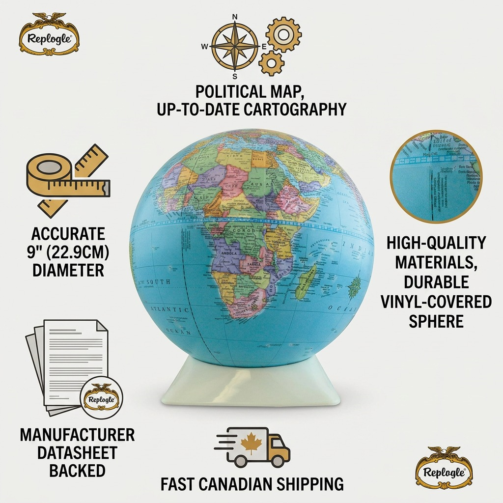 Trust infographic for Replogle 9" globe, with icons for size, materials, accuracy, and Canadian shipping.