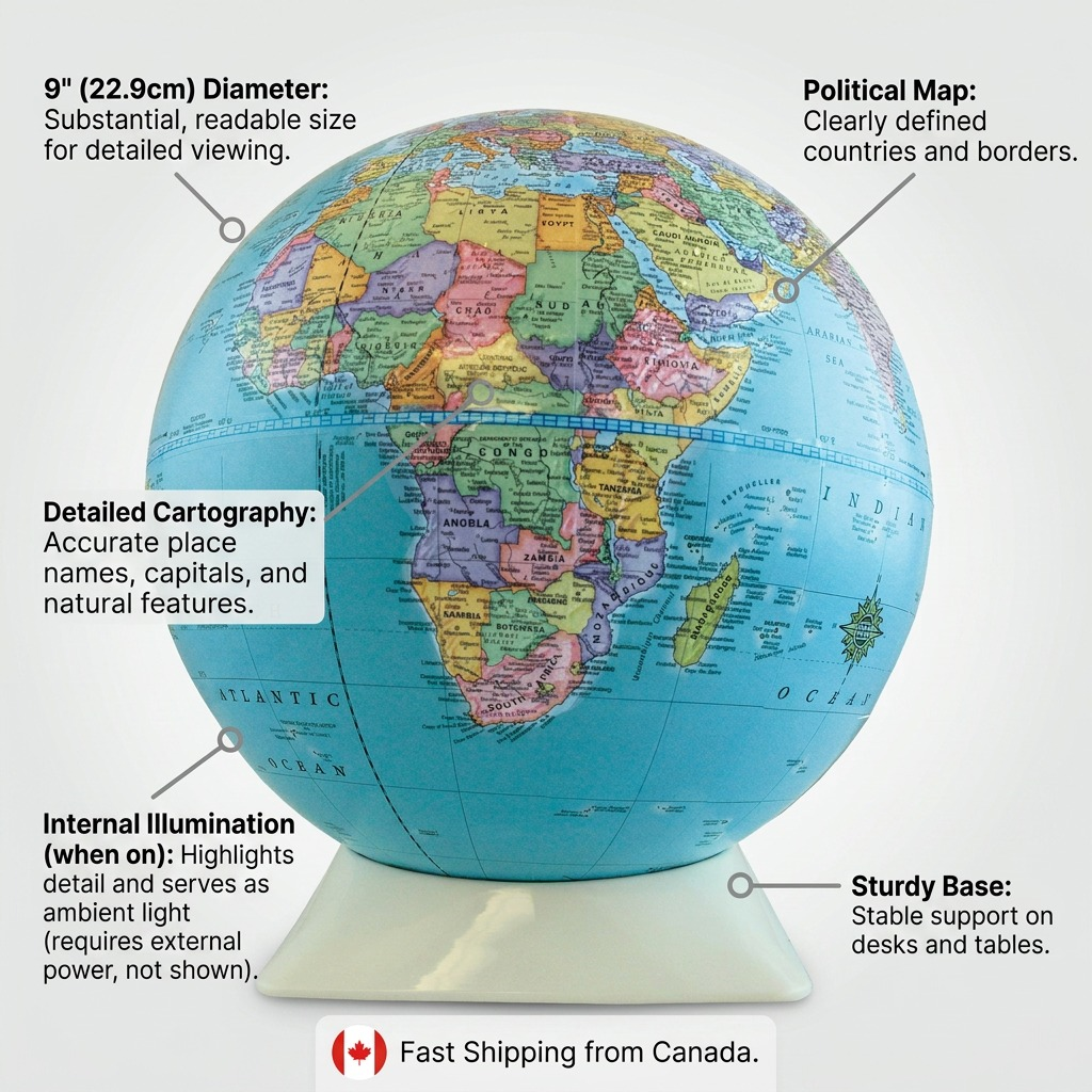 Ecommerce infographic of Replogle 9" Blue Ocean illuminated globe, listing key product features with Canadian shipping.