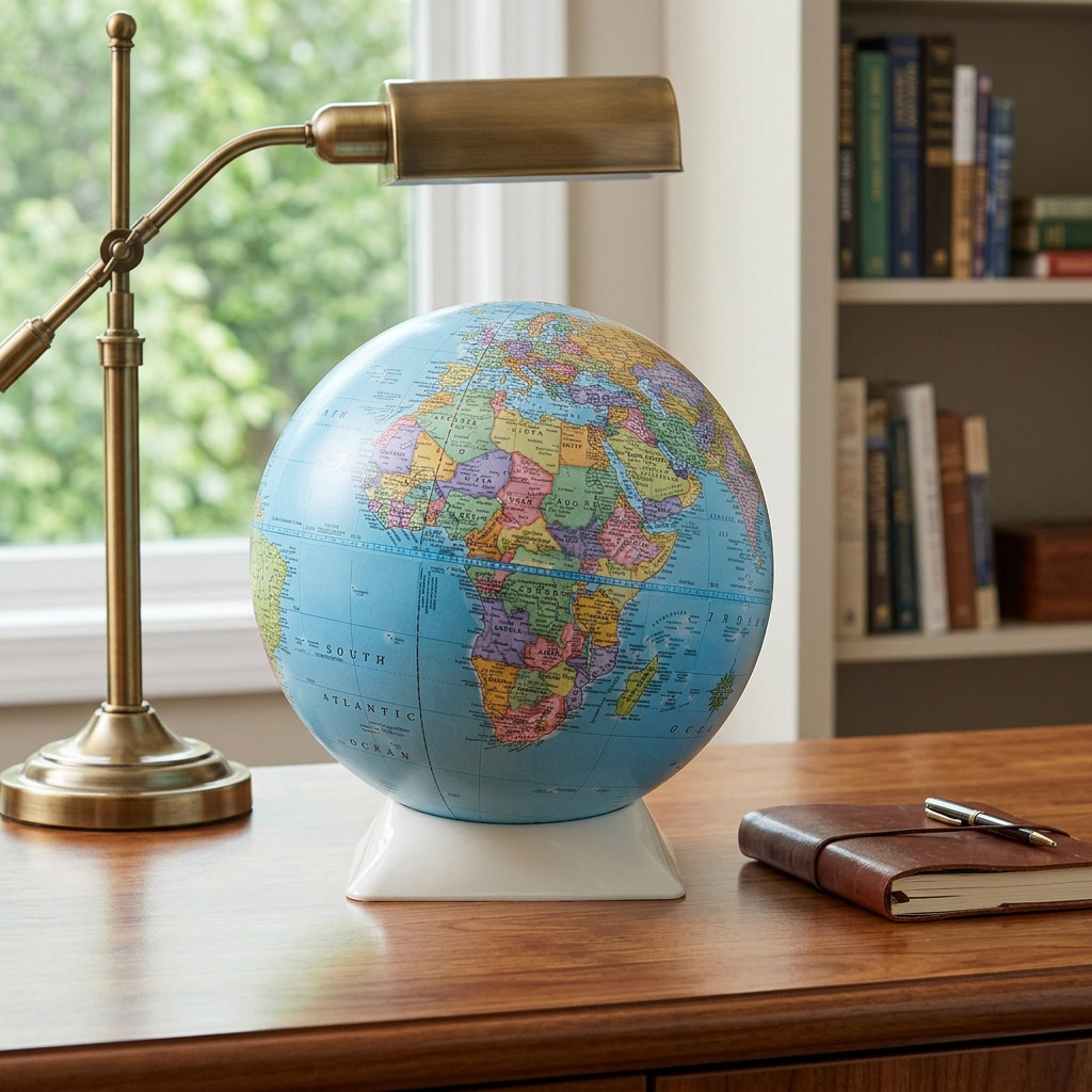A lifestyle photograph of the Replogle Apollo desk globe on a wooden home office desk setup with a window view.