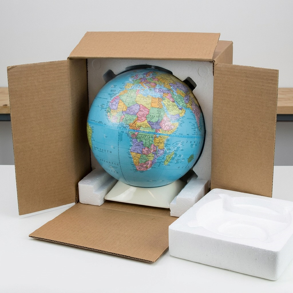 A photograph of the unboxed Replogle Apollo blue ocean globe next to its protective shipping container.