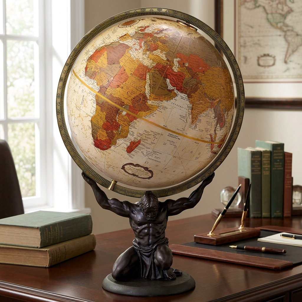 The Replogle Globes Atlas desk globe on a dark wood executive desk in a professional home study context.
