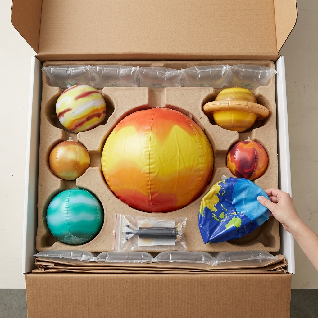 An open shipping box neatly holds framed cardboard compartments protecting solar system inflatables and a pump.