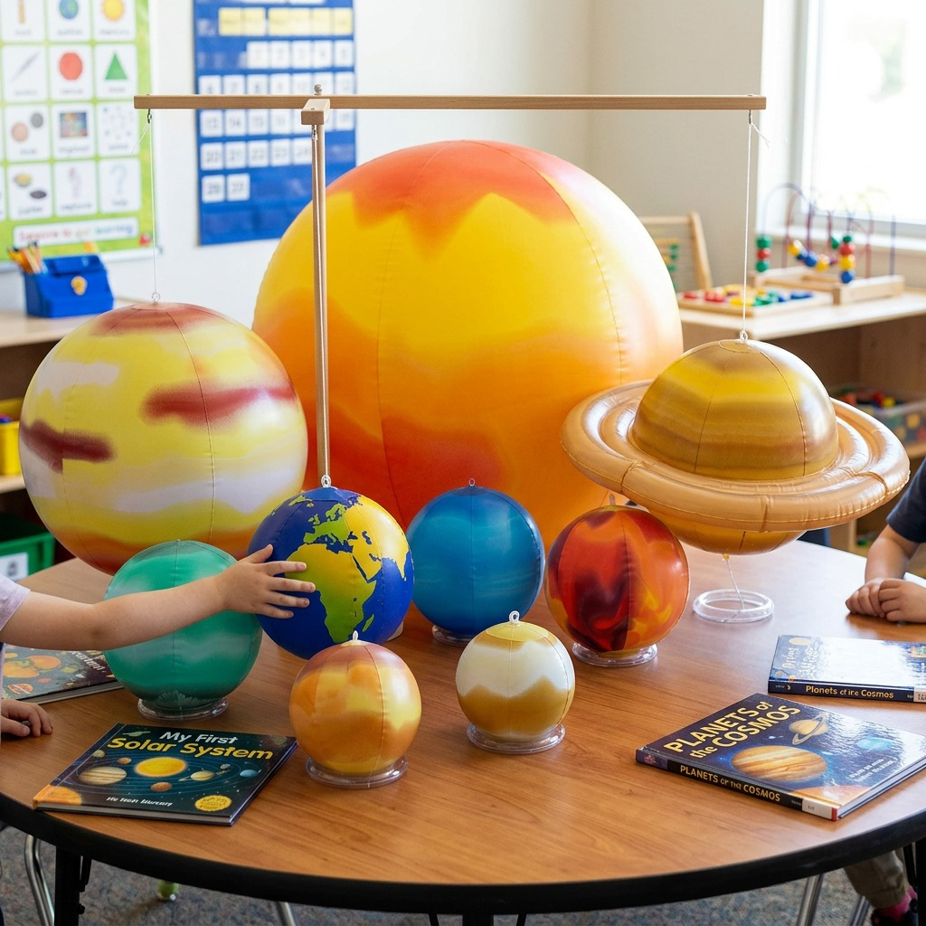 Nine inflated planet models displayed on school library table.