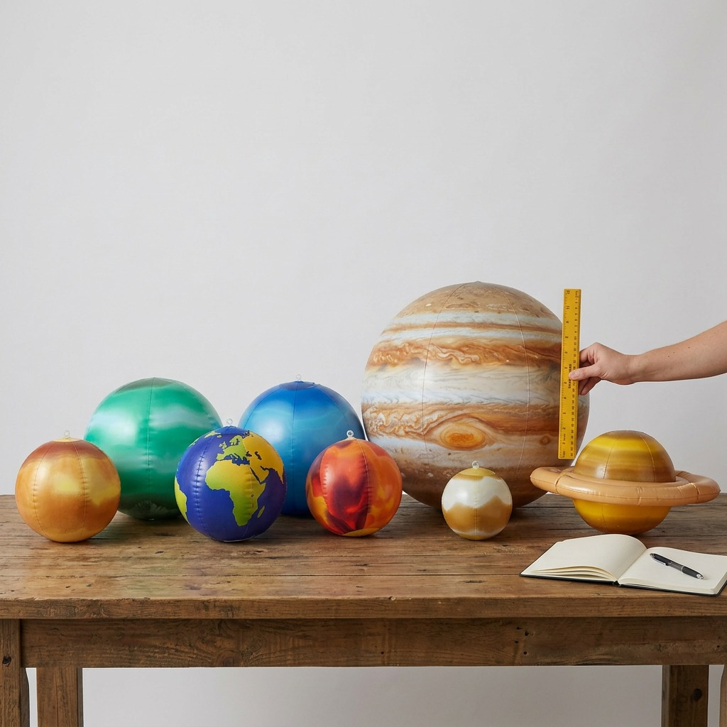 A scale reference showing the Inflatable Solar System on a desk with a hand, ruler, and notebook.