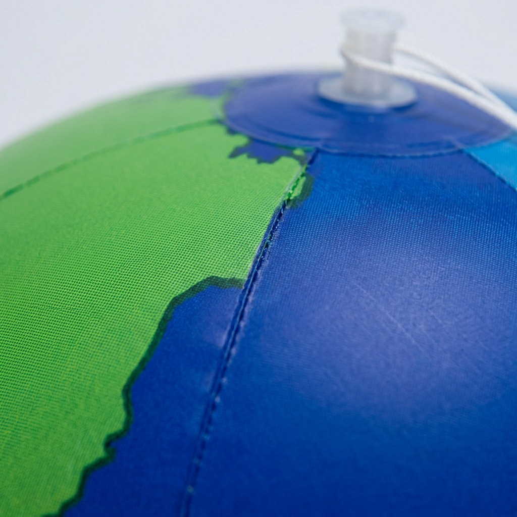A high-resolution macro photograph showing the precise printed surface texture and a heat-sealed seam of an inflatable planet.