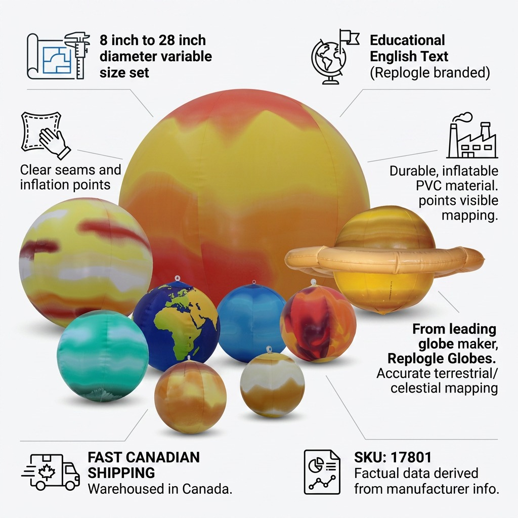 An infographic featuring the Replogle Globes Inflatable Solar System (17801) with icons and text about its features like size, durability, English text, Canadian shipping, and SKU details.