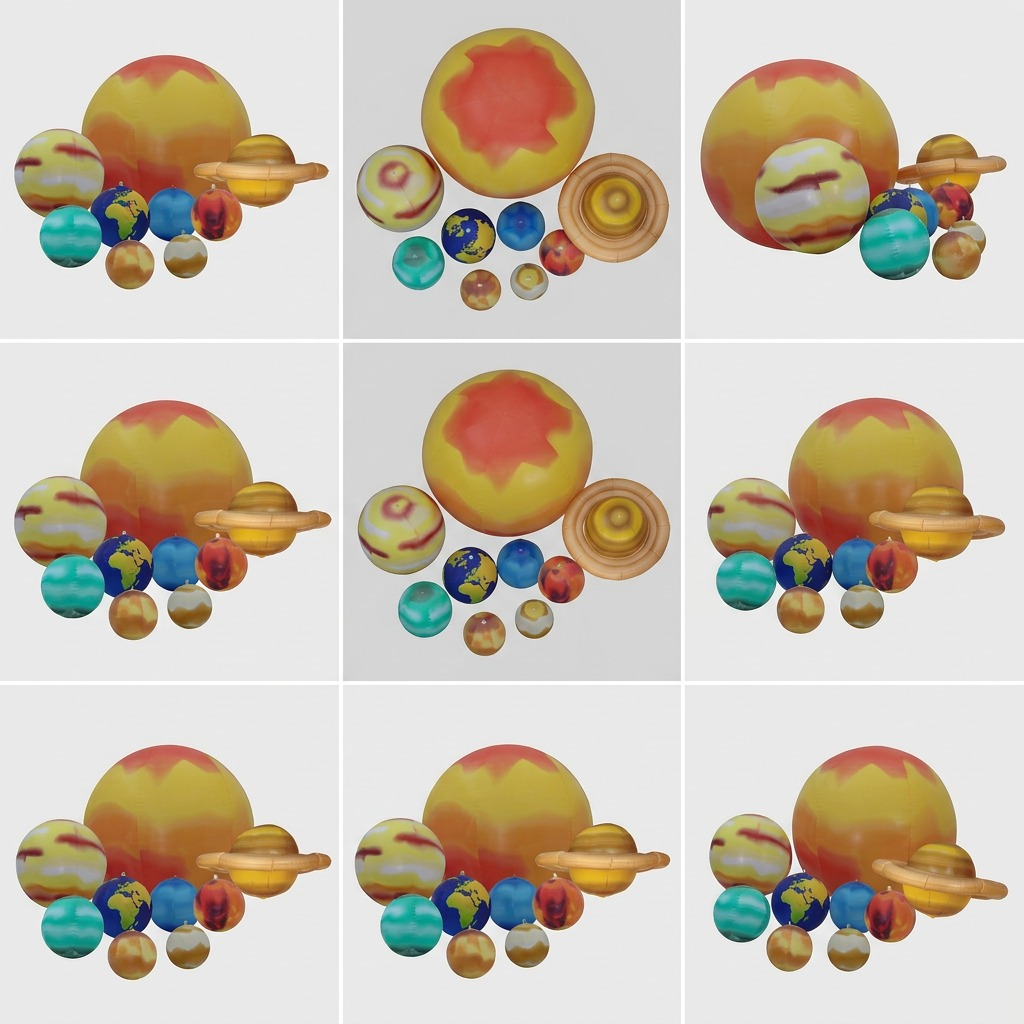 A premium 3x3 ecommerce grid displaying nine different views of the Replogle Globes Inflatable Solar System set from various angles.