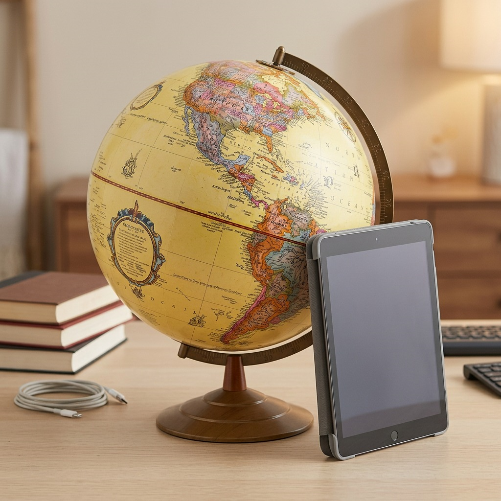 A photo of the 12-inch Globemaster antique world globe on a wooden desk next to a standard tablet, showing its relative size.