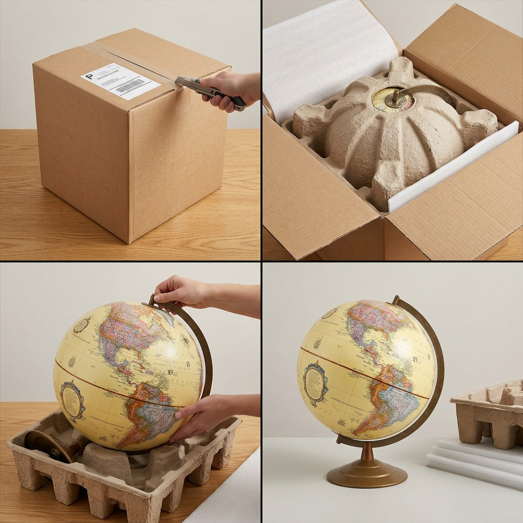 Close-up of the Globemaster desk globe arriving safely, nestled inside custom-molded pulp and protective foam, ready for unboxing.