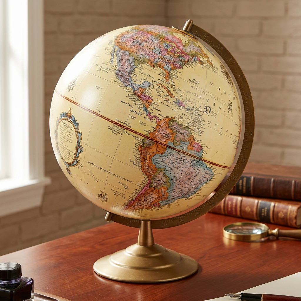 A 12-inch antique ocean desk globe sit on a rich wooden desk with antique-finish books and a classic inkwell pen set, with warm library-style lighting and a brick wall background.