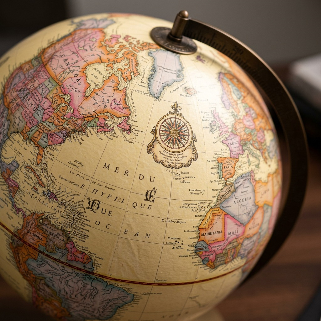 A detailed macro photograph showing the antique-style cartography, French language place names, and the red equatorial line of the Replogle Globemaster globe.