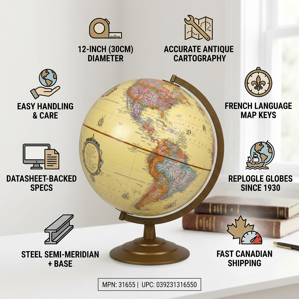 Infographic for Replogle Globemaster globe with key specifications, manufacturer history, and shipping info.