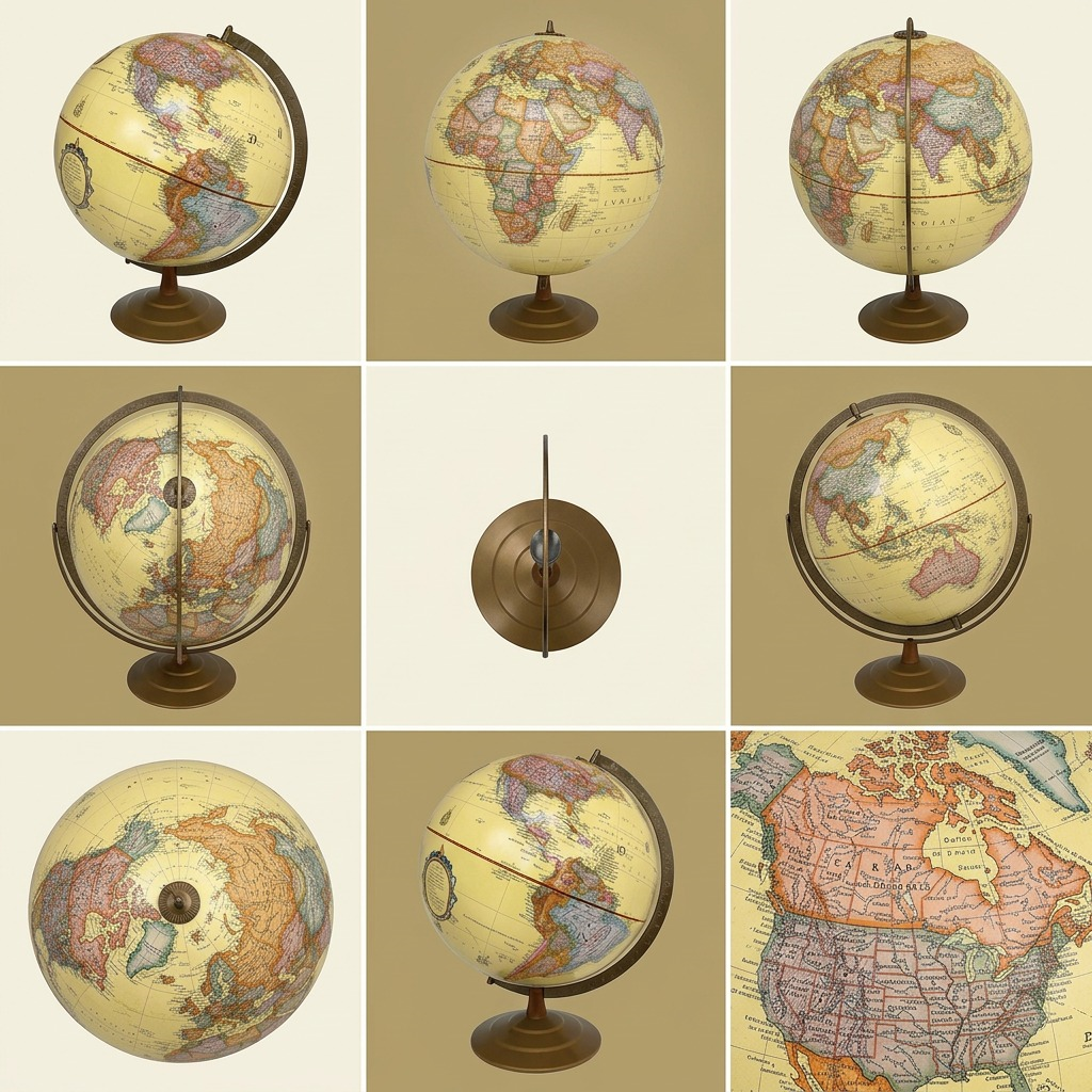 A 6-panel grid matrix showcasing multiple angles of the antique ocean desk globe from image_0.png.
