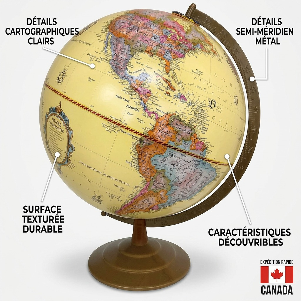 An ecommerce infographic on a light background, showcasing the Replogle Globemaster 12" French language globe with feature annotations and a Canadian flag icon. The globe has a vintage appearance with antique accents.