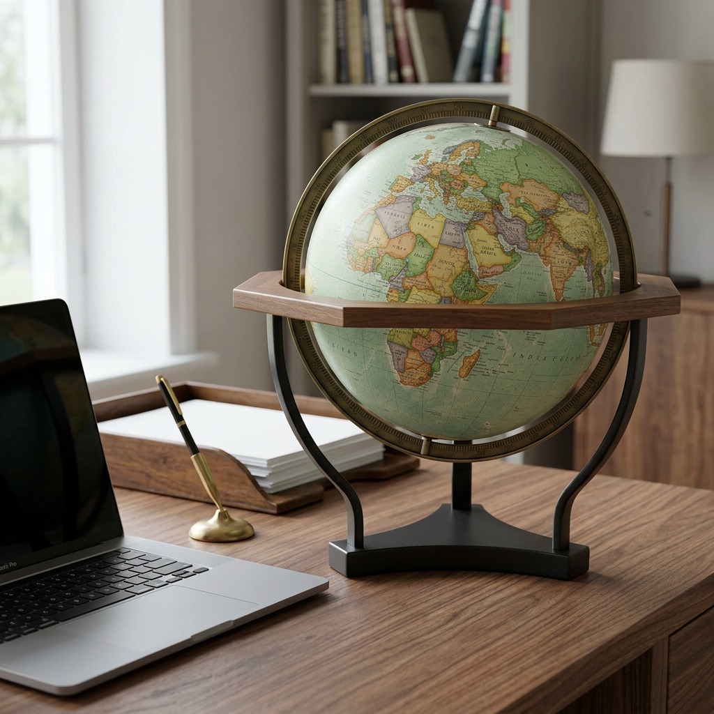 replogle hexagon globe on a desk, next to a laptop for scale comparison