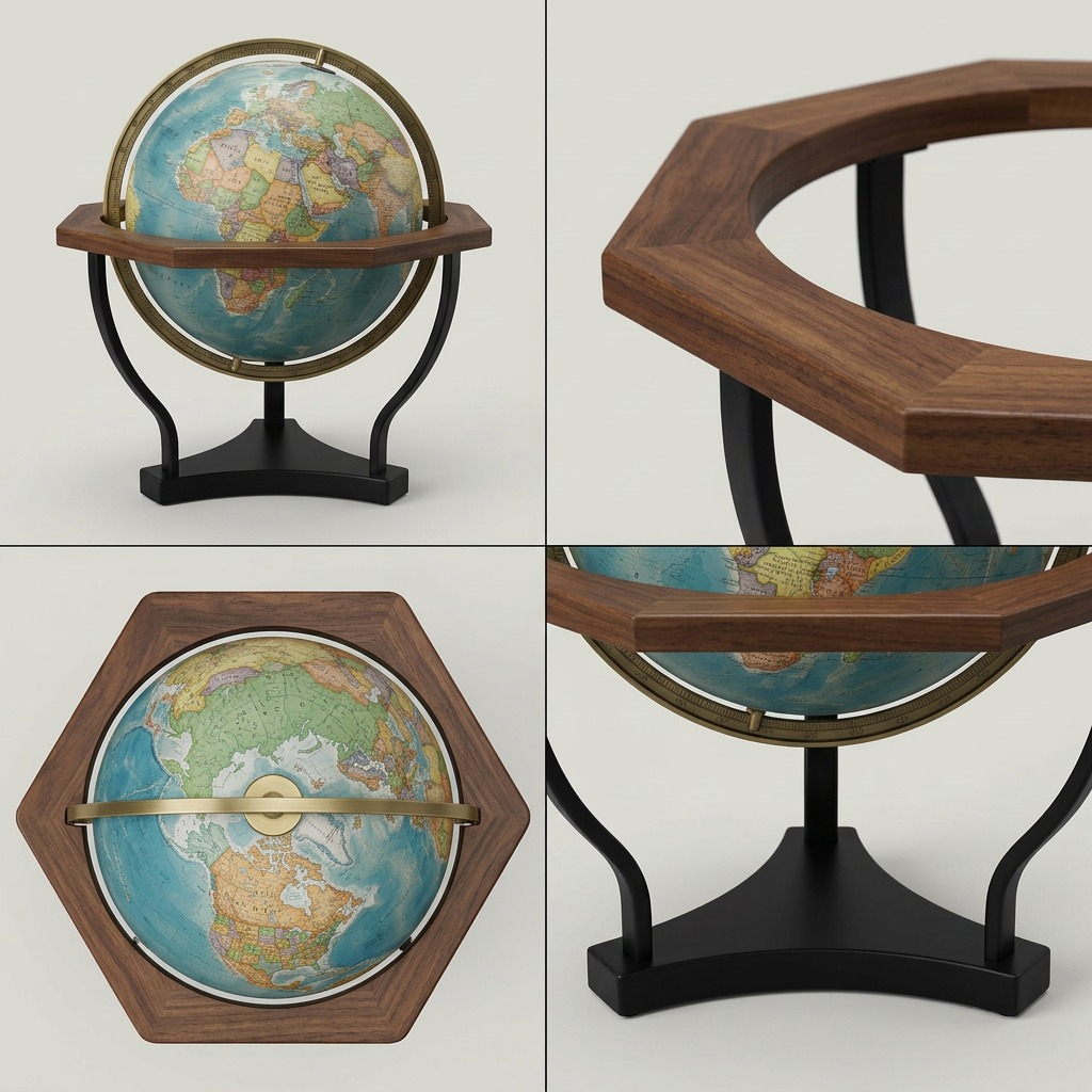 Premium four-panel product grid showcasing the hexagonal globe from multiple angles including front, side, and top.