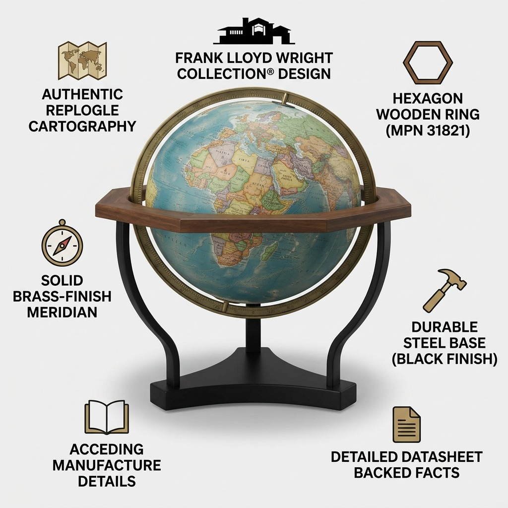 An informative infographic showcasing Replogle Frank Lloyd Wright Hexagon Globe, highlighting design features, materials, craftsmanship, and specifications.