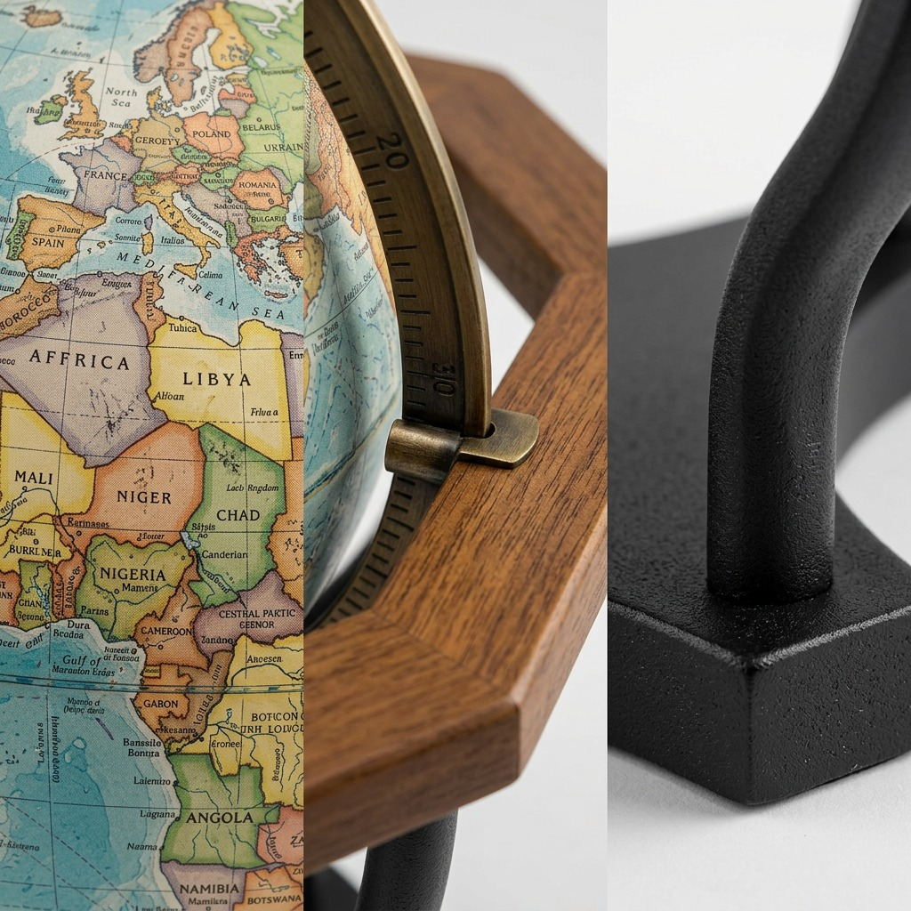 Macro details of the Hexagon globe: map texture, bronze-finish meridian connection through a wood horizon ring, and textured black base casting.