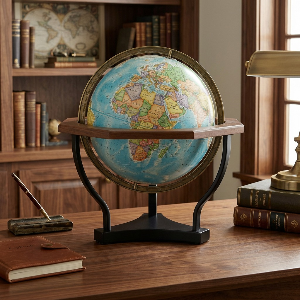 Lifestyle photo of the classic Frank Lloyd Wright Hexagon desk globe on a wood library desk.