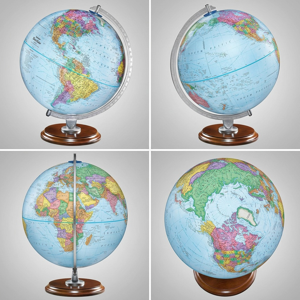 A pristine matrix of four views of the Replogle Student Globe: front, rear, side, and top.