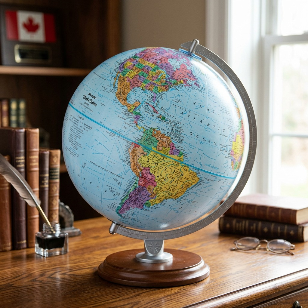 A realistic photo of the specific Replogle 12" Blue Ocean globe, exactly as pictured, in a calm home library setting, sitting on a bookshelf next to weathered books. Natural daylight from a side window illuminates the map and wooden base.