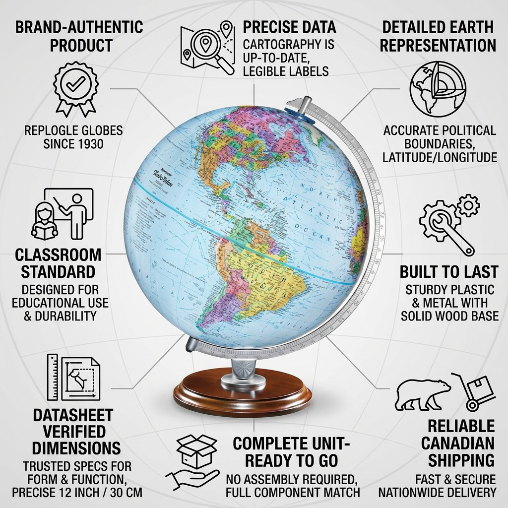 Infographic showcasing the Replogle Student Globe with trust certifications, material data, and fast Canadian shipping icons.