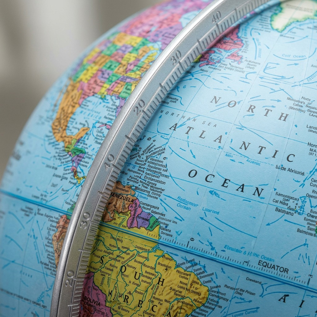 A detailed macro photograph showing the precise printed cartography, silver meridian degree marks, and Equator line on the 12-inch Replogle Student Globe.
