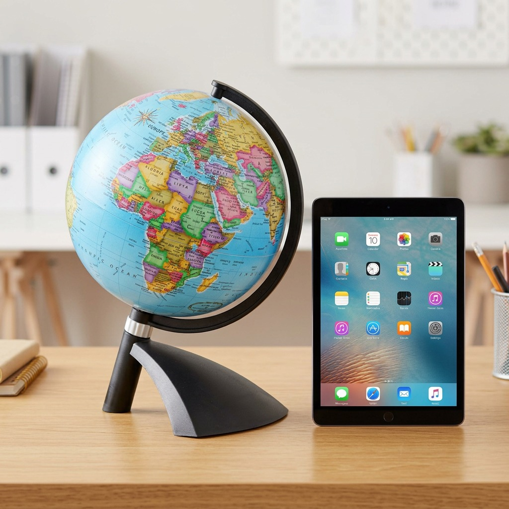 Replogle Globes TERENNE Illuminated Blue globe for scale reference on a desk beside a modern tablet device.