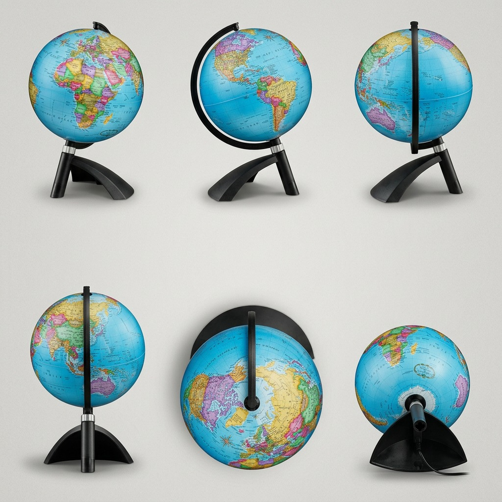 A 3x2 grid showing the Replogle Terenne Illuminated Blue globe and stand from six distinct angles.