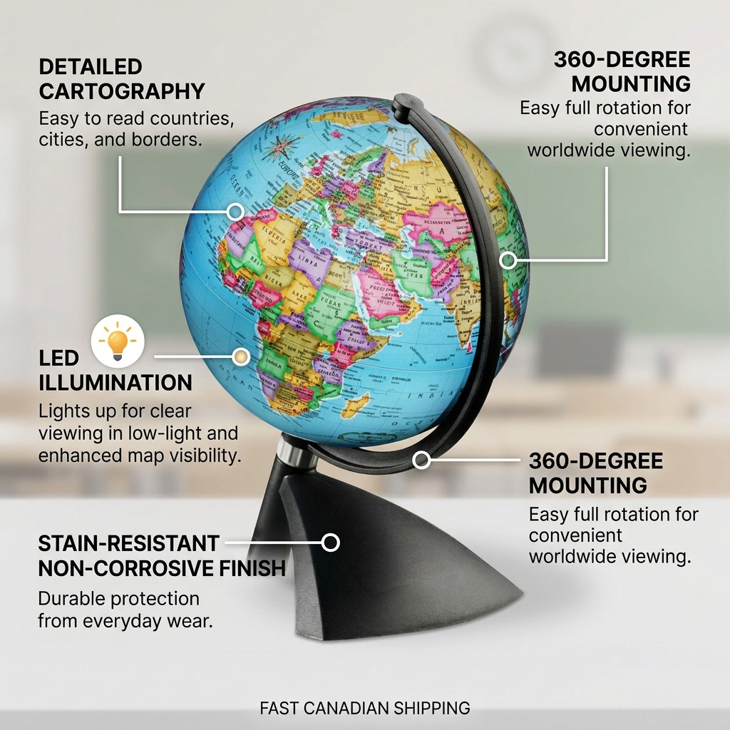 Replogle TERENNE Illuminated globe product graphic showcasing cartography and LED illumination features.