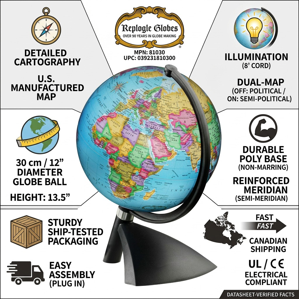 Detailed infographic of Replogle Globes 81030 TERENNE Illuminated Blue globe with key features and specs.