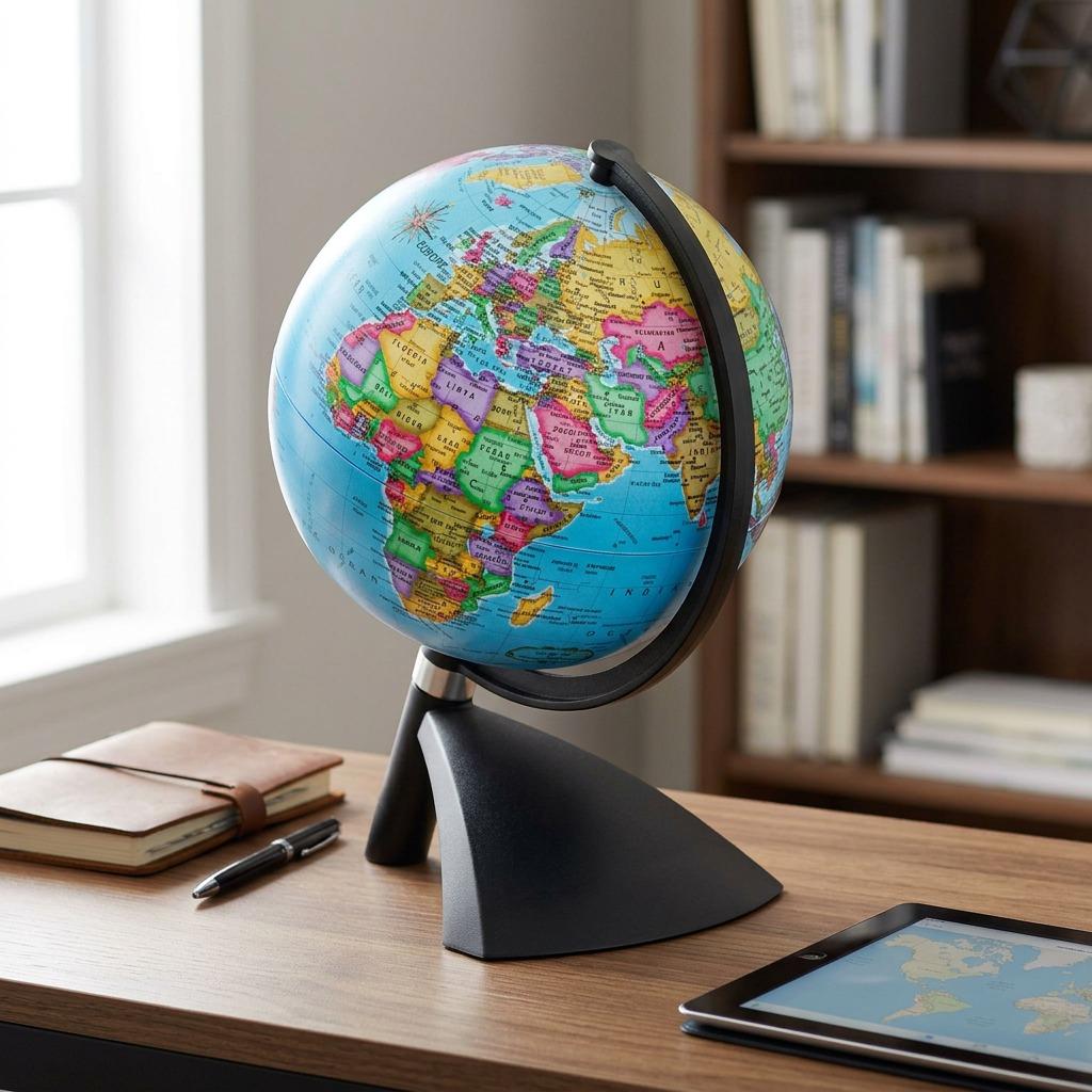 PDP visual showing the accurate Terenne blue globe on its black stand, sitting on a modern wooden desk.