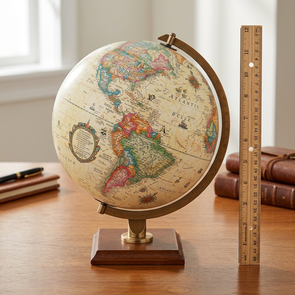 A physical scale comparison photo of the 9-inch (22.9 cm) Replogle Globes Forester Desk Globe (canonical image_0.png) shown beside a standard 12-inch office ruler, both resting on a warm wooden desk surface. The antique ocean sphere, brass meridian, and base profile of the product (image_0.png) are accurately depicted with the ruler providing clear scale context. Real-world desk items are in the softly blurred background with clean, natural lighting. The angle is a straight-on eye-level view.