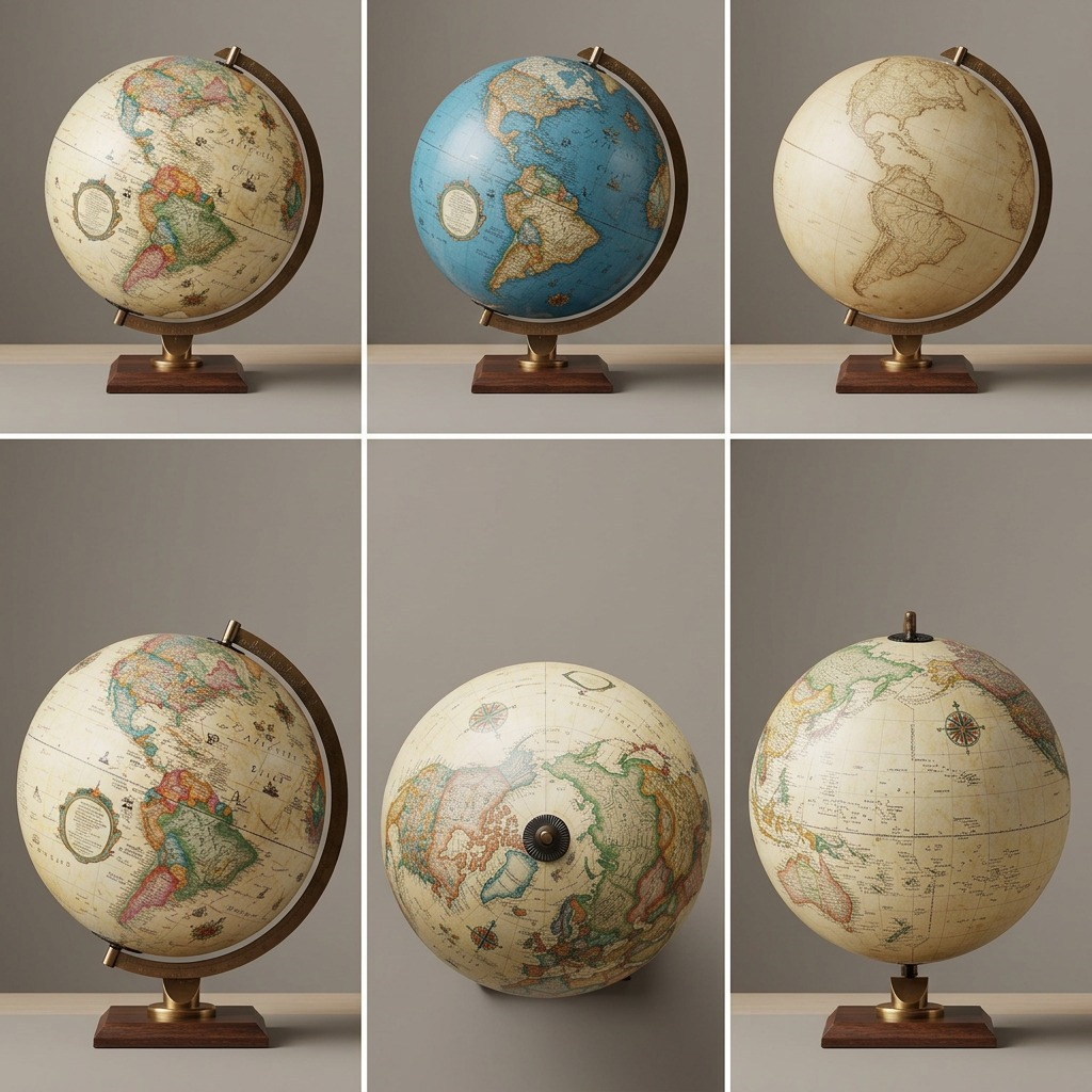 Matrix showing the same Replogle Forester globe from six different angles, preserving all original details.