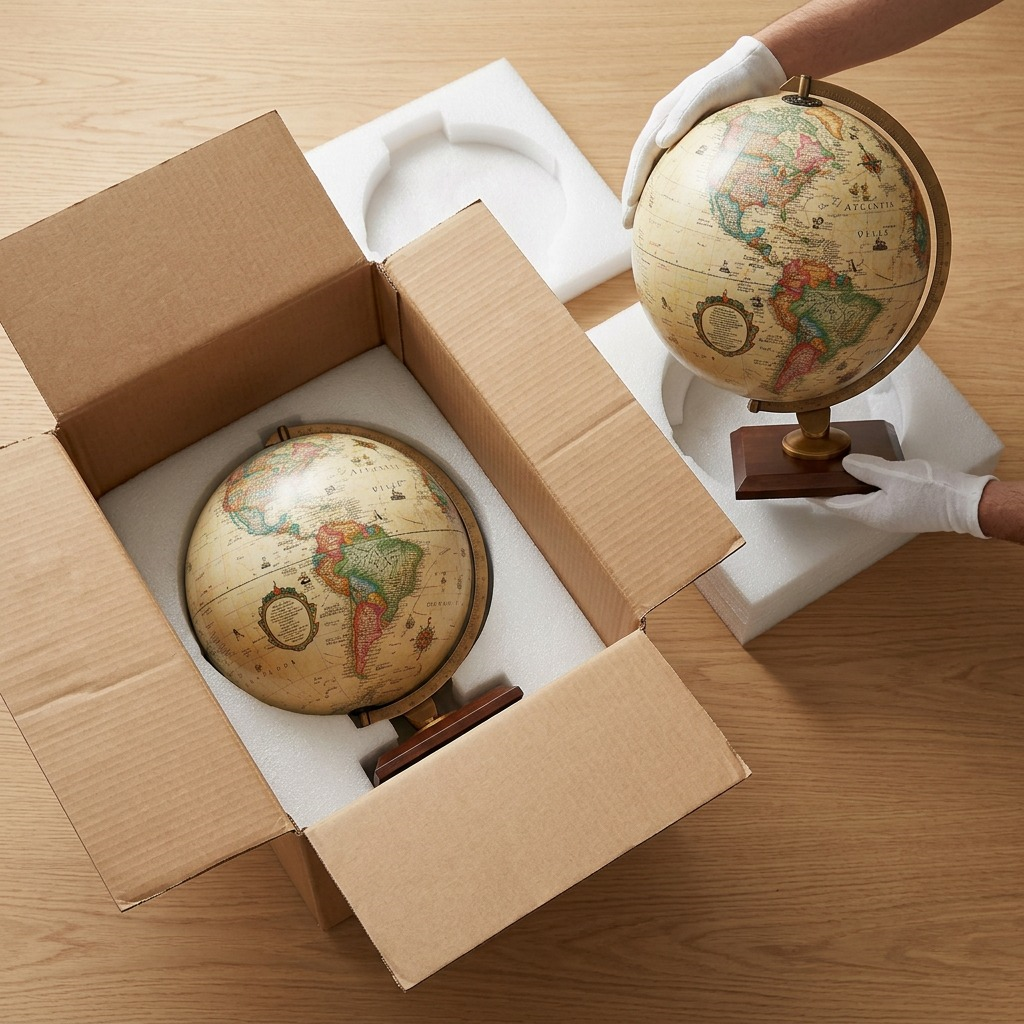 An aerial photo of the safely padded global globe being carefully lifted from a sturdy corrugated cardboard box.
