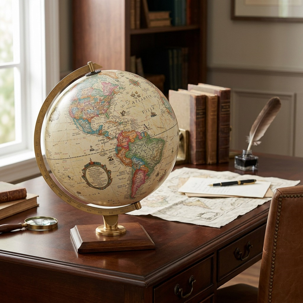 A lifestyle photograph of the Replogle Forester antique ocean desk globe on a dark wood desk in a study.
