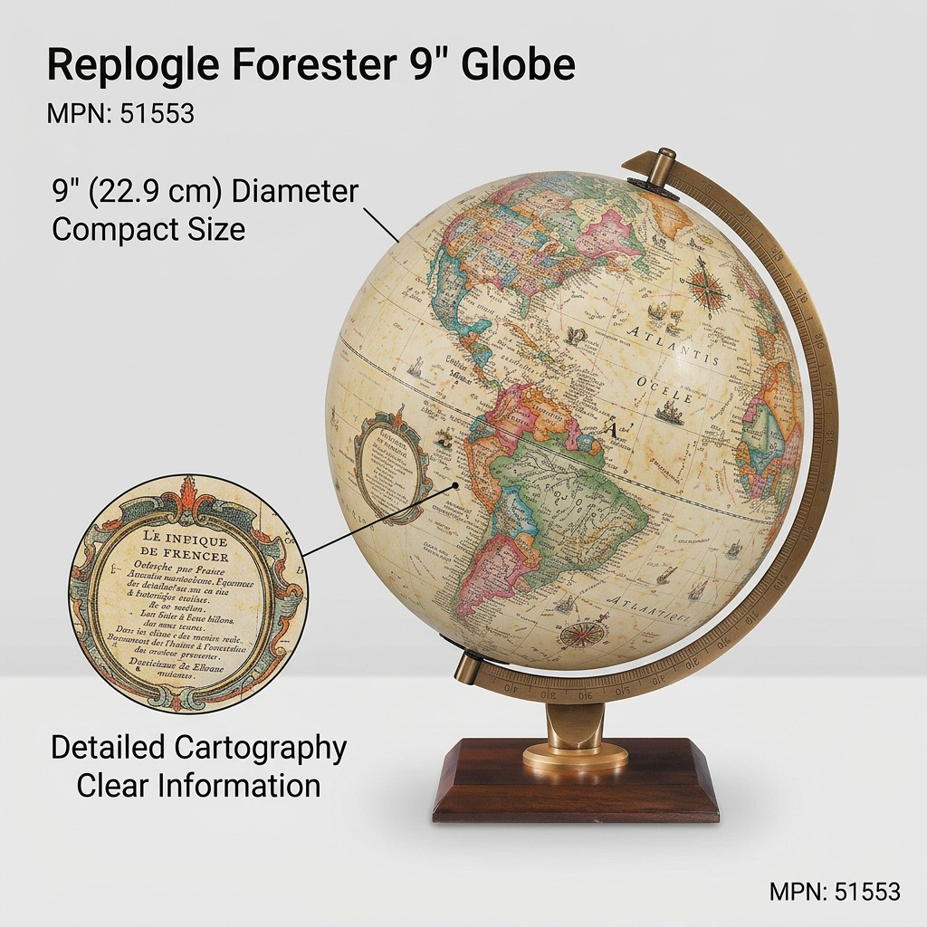 Product detail image showcasing the 9-inch antique ocean desk globe with two feature-benefit callouts.