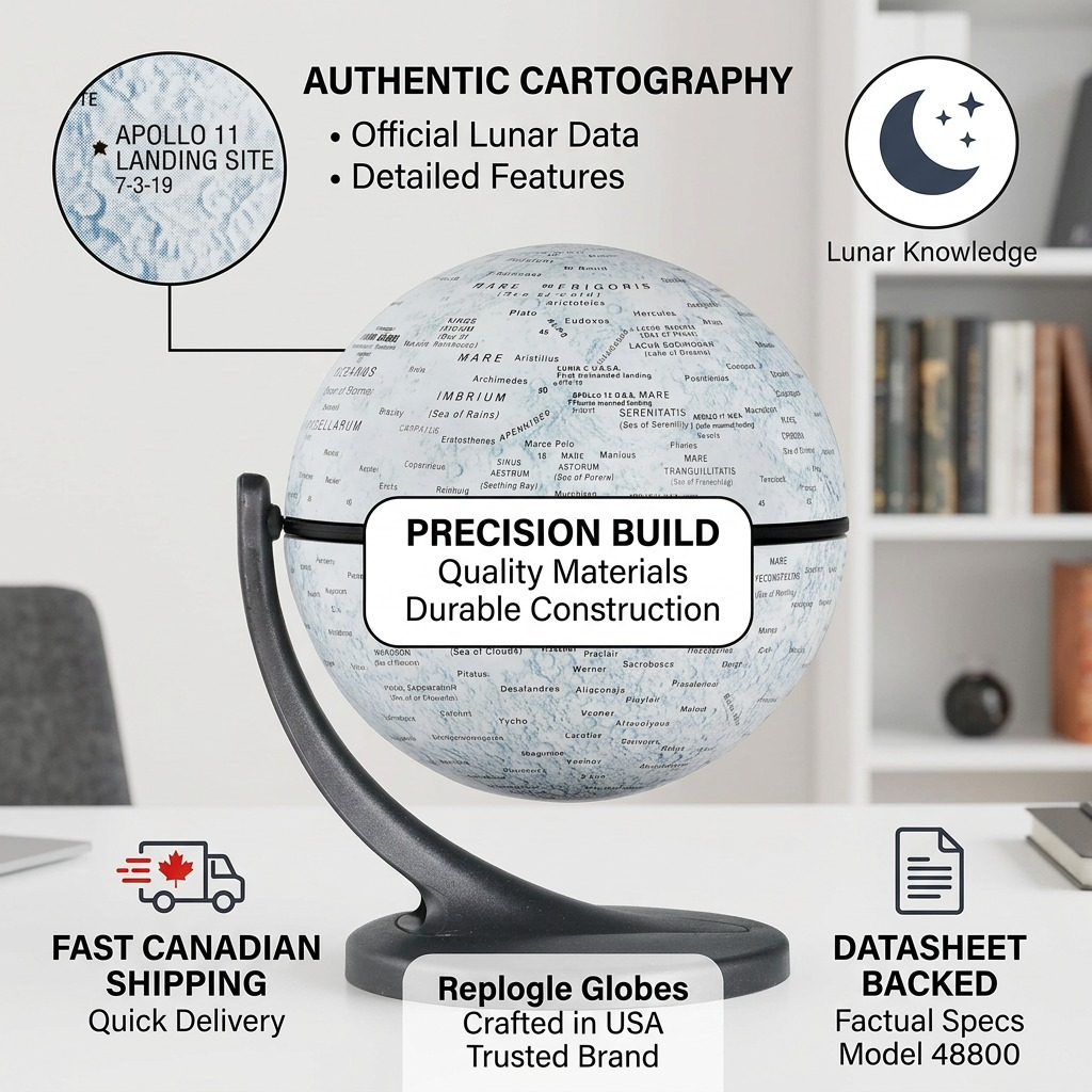 Infographic for Replogle Moon Globe highlighting features like cartography, materials, shipping, and manufacture.